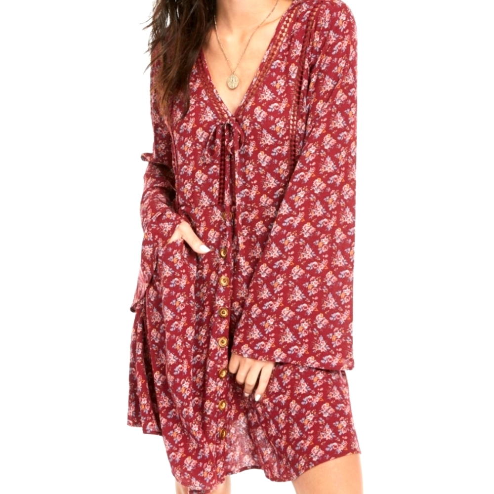 AMERICAN RAG CIE Juniors Floral Printed Bell Sleeve Mini Dress - Size Large